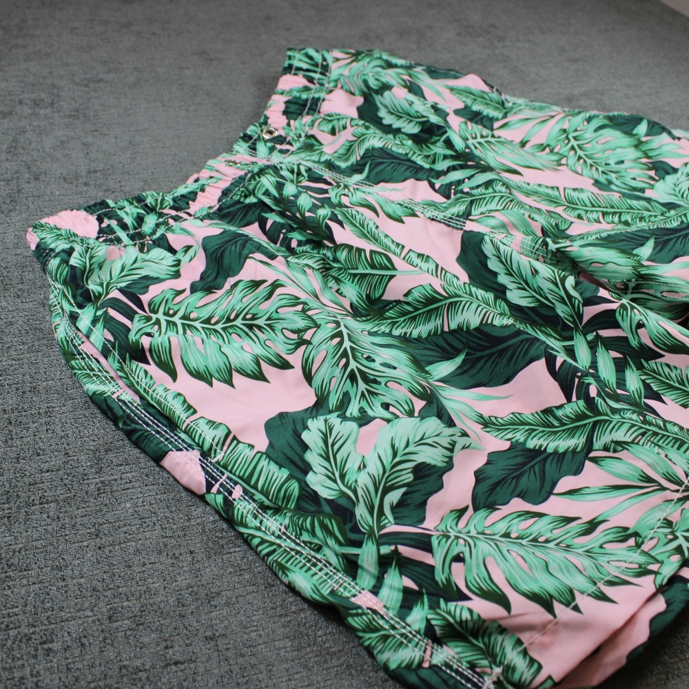 Blue Wave Mens Pink Green Tropical Palm Leaf Print Swim Trunks XL Beach Shorts